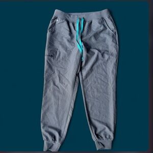 Figs Light Gray Scrub Pants with Teal Drawcord